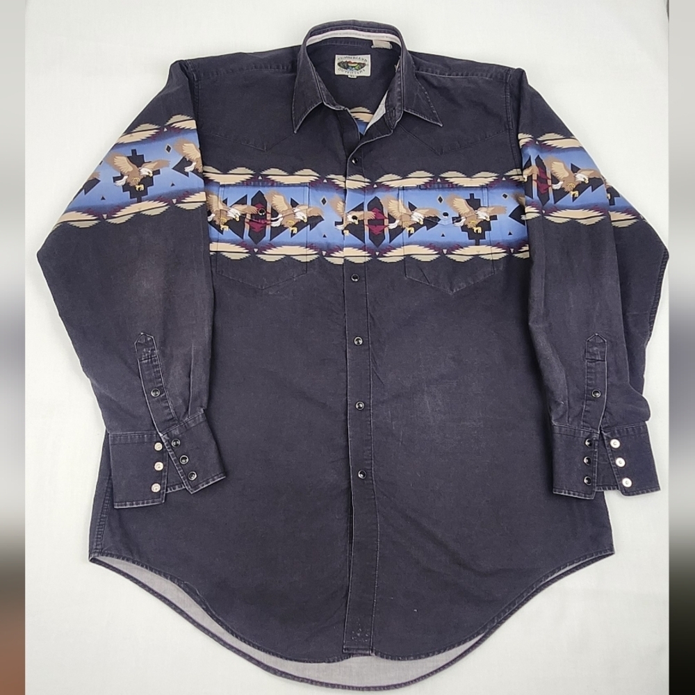 Cumberland Outfitters Western Bald Eagle Black Snap Button Down - Picture 1 of 6